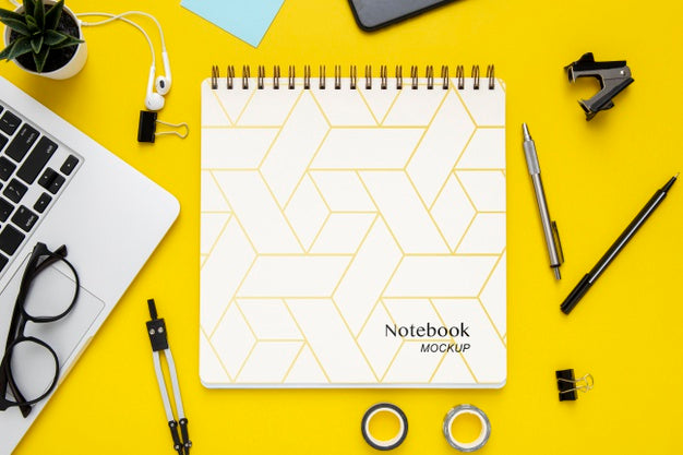 Top View Of Desk Surface With Notebook And Laptop Psd