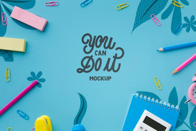 Top View Of Desk With Calculator And Erasers Psd