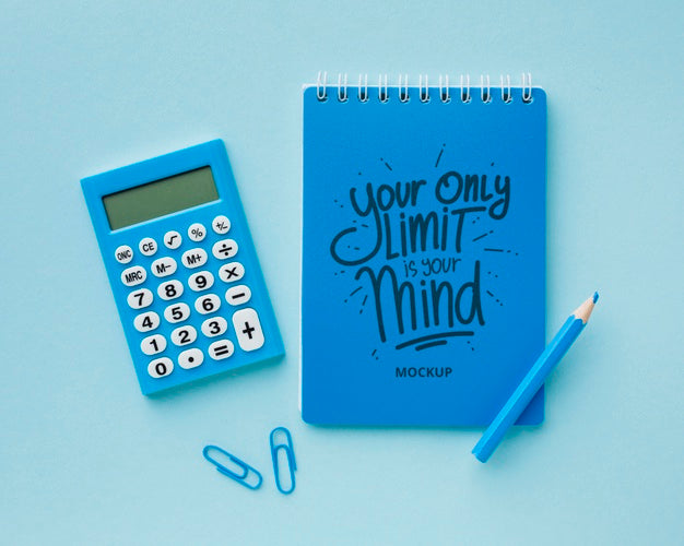 Top View Of Desk With Calculator And Pencil Psd