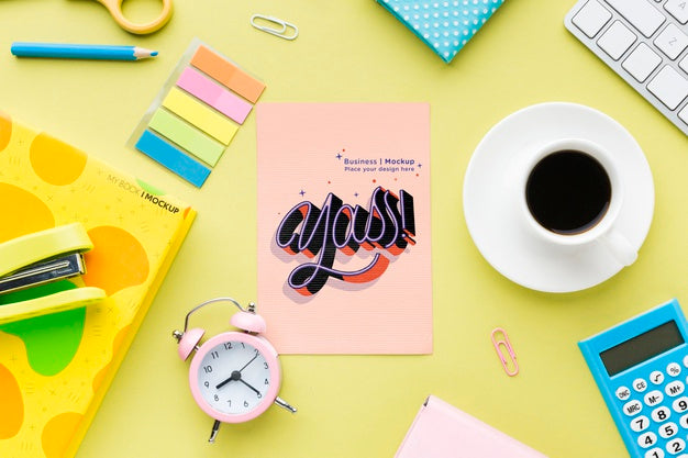 Top View Of Desk With Coffee And Clock Psd