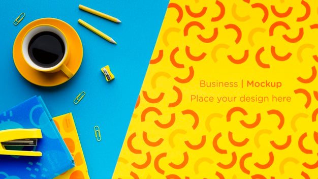 Top View Of Desk With Coffee And Stapler Psd