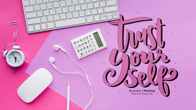 Top View Of Desk With Earphones And Calculator Psd