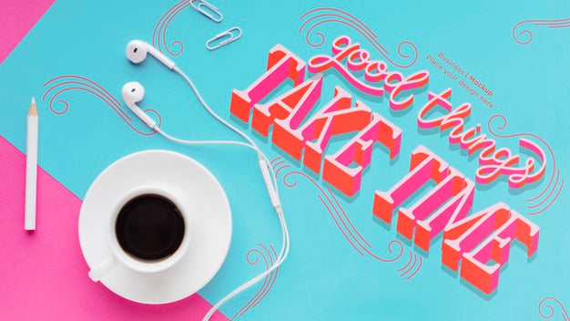 Top View Of Desk With Earphones And Coffee Psd