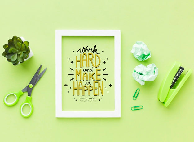 Top View Of Desk With Frame And Stapler Psd