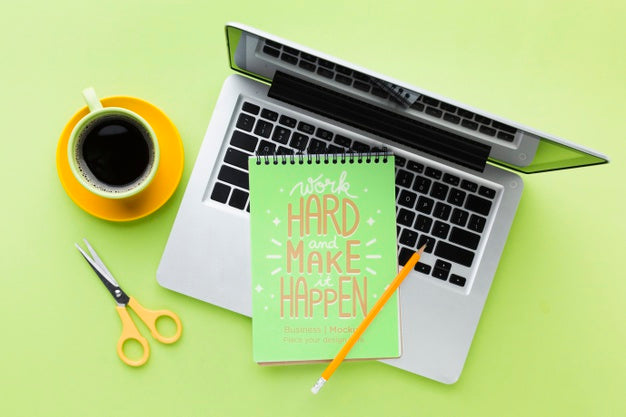 Top View Of Desk With Laptop And Coffee Psd