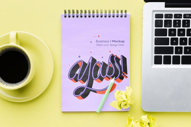 Top View Of Desk With Notebook And Coffee Psd