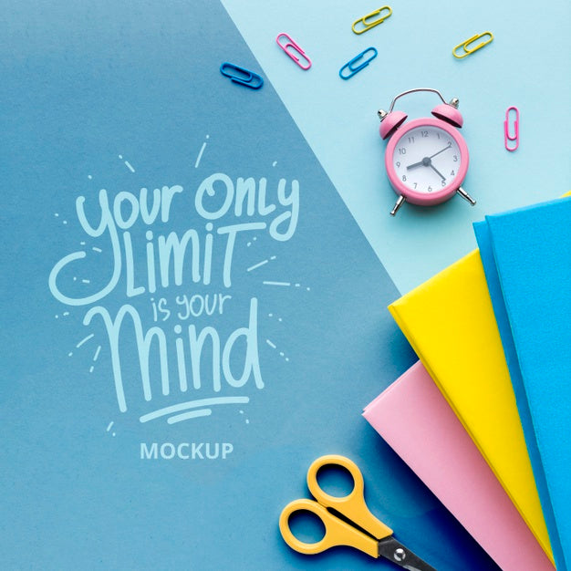 Top View Of Desk With Notebooks And Clock Psd