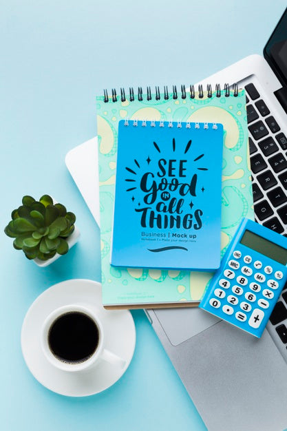 Top View Of Desk With Notebooks And Coffee Psd