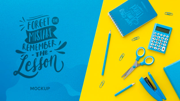 Top View Of Desk With Scissors And Calculator Psd