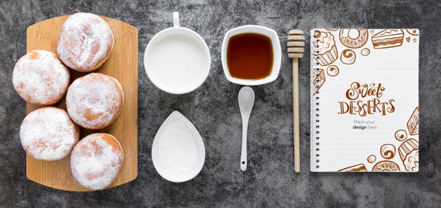 Top View Of Donuts With Milk And Honey Psd