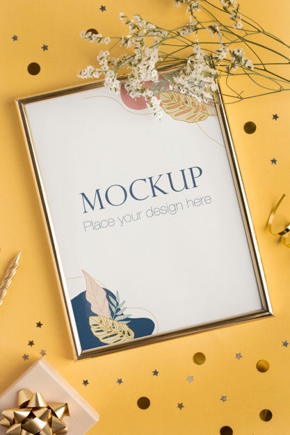 Top View Of Elegant Birthday Frame With Flowers And Gift Psd