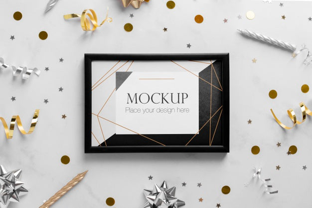 Top View Of Elegant Birthday Frame With Ribbon And Confetti Psd