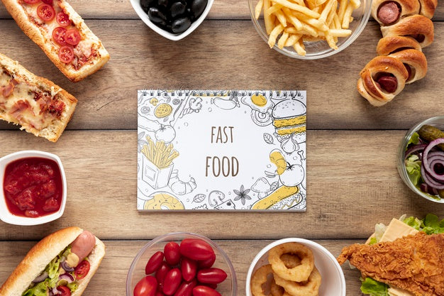 Top View Of Fast Food Mock-Up On Wooden Table Psd