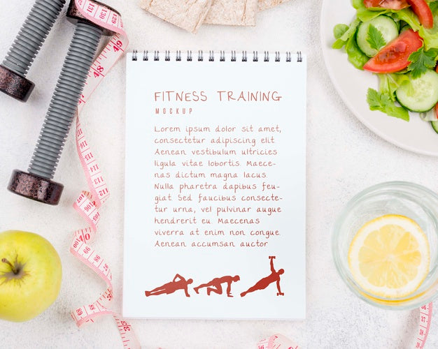 Top View Of Fitness Notebook With Weights And Apple Psd