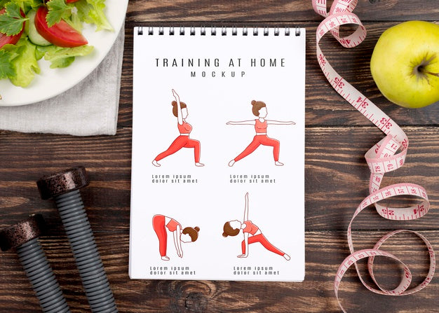 Top View Of Fitness Notebook With Weights And Measuring Tape Psd