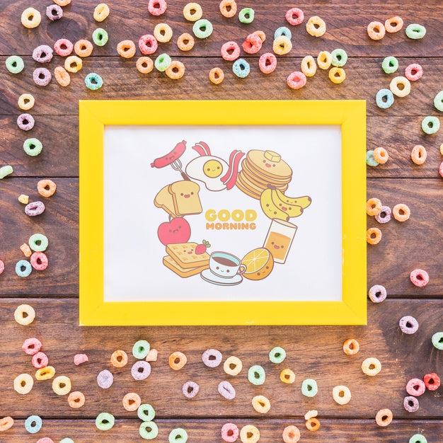 Top View Of Frame And Cereals On Wooden Table Psd