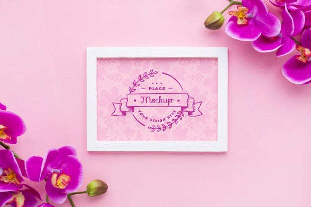 Top View Of Frame Mock-Up With Orchid Psd