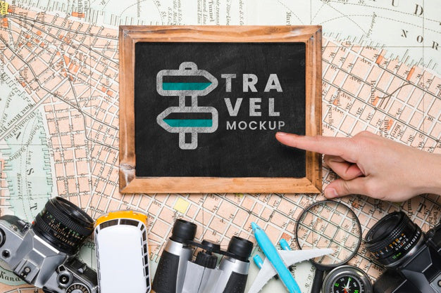 Top View Of Frame Mock-Up With Other Traveling Essentials Psd