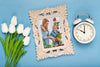 Top View Of Frame With Clock And Tulips Psd