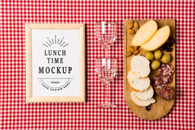 Top View Of Frame With Glasses And Food For Picnic Psd