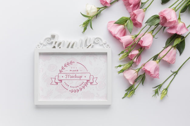 Top View Of Frame With Pink Roses Psd