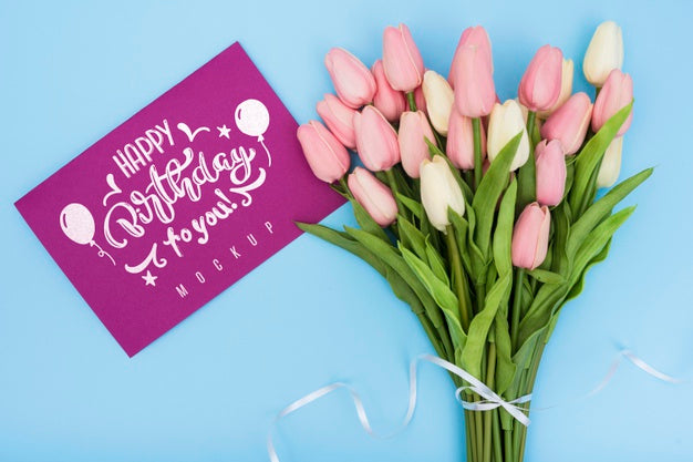 Top View Of Happy Birthday Bouquet Of Tulips With Card For Anniversary Celebration Psd