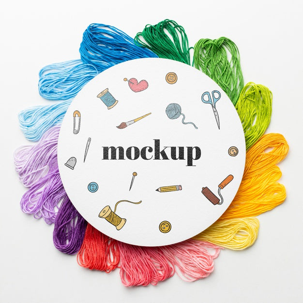 Top View Of Mock-Up Frame Design With Colorful Thread Psd