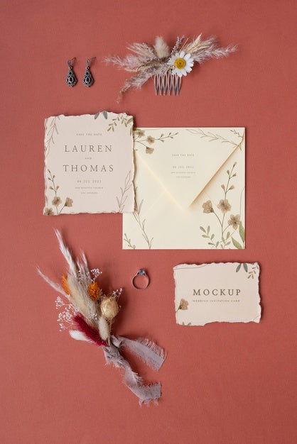 Top View Of Mock-Up Rustic Paper Wedding Invitation With Leaves And Flowers Psd