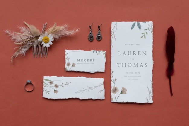 Top View Of Mock-Up Rustic Paper Wedding Invitation With Leaves And Flowers Psd