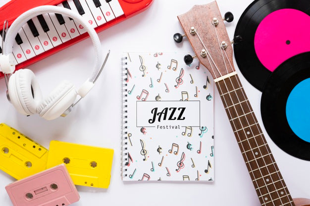 Top View Of Music Concept Mock-Up On White Background Psd