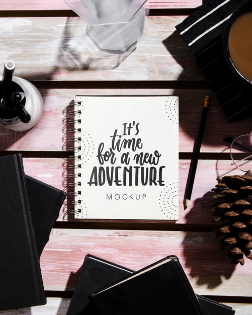 Top View Of Notebook On Desk With Glasses And Cofffee Psd