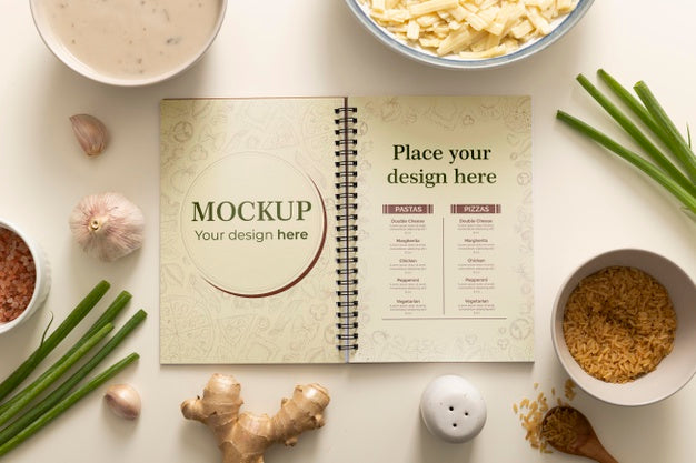 Top View Of Notebook With Christmas Dishes And Chives Psd