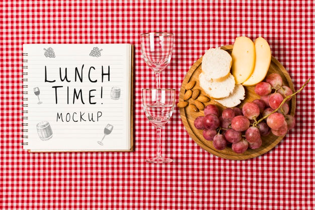 Top View Of Notebook With Glasses And Food For Picnic Psd