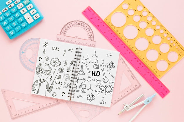Top View Of Notebook With Rulers And Calculator Psd