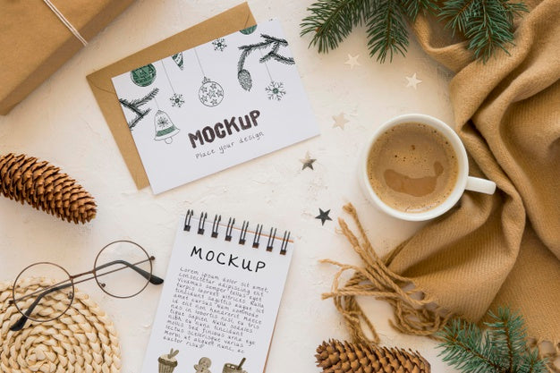 Top View Of Notebook With Scarf And Coffee Psd