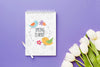 Top View Of Notebook With Spring Tulips Psd
