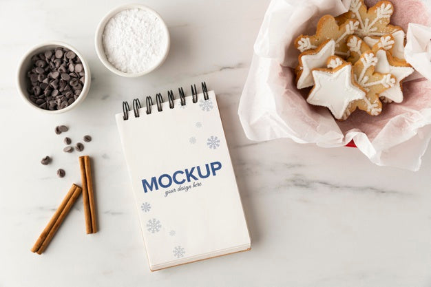 Top View Of Notebook With Star Cookies And Chocolate Chips Psd