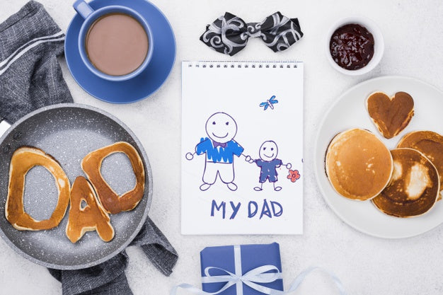 Top View Of Notepad With Pancakes And Coffee For Fathers Day Psd