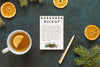 Top View Of Notepad With Spruce Branches And Tea Psd