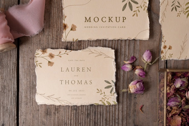 Top View Of Paper Mock-Up Rustic Wedding Invitation With Leaves And Flowers Psd