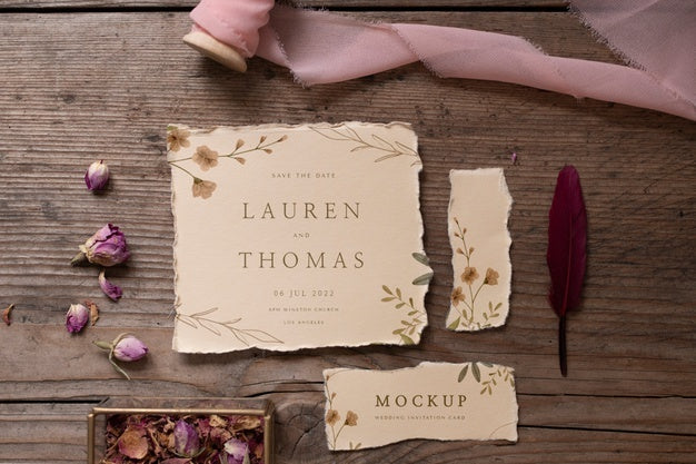 Top View Of Paper Mock-Up Rustic Wedding Invitation With Leaves And Flowers Psd