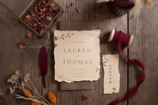 Top View Of Paper Mock-Up Rustic Wedding Invitation With Leaves And Flowers Psd