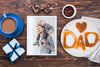 Top View Of Photo With Coffee And Gift For Fathers Day Psd