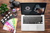 Top View Of Photographer Wooden Workspace With Laptop Psd