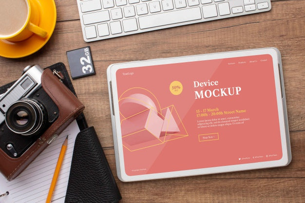 Top View Of Photographer Wooden Workspace With Tablet Psd