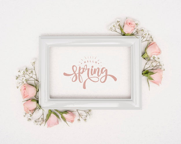 Top View Of Pink Spring Roses With Frame Psd