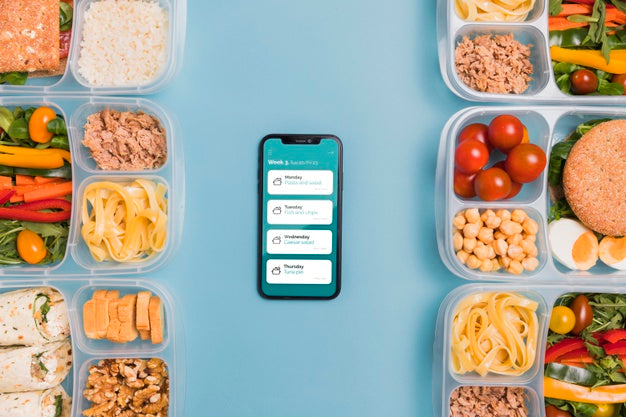 Top View Of Planned Meals With Smartphone Psd