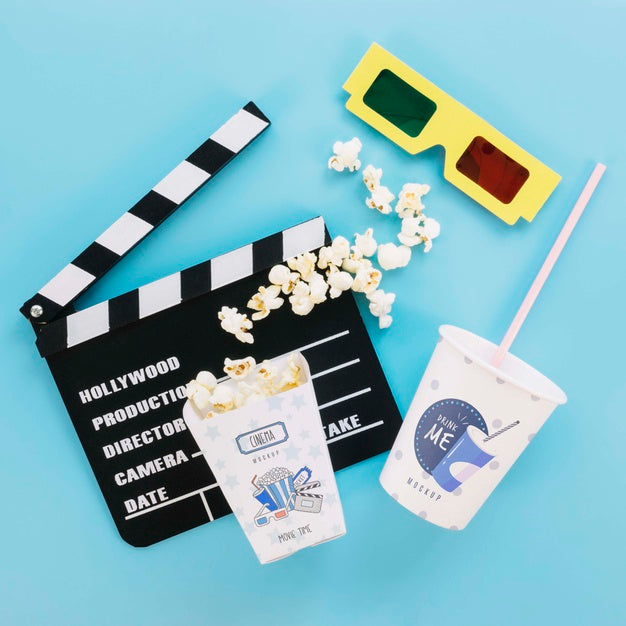 Top View Of Popcorn Cup Soda And Glasses For Cinema Psd