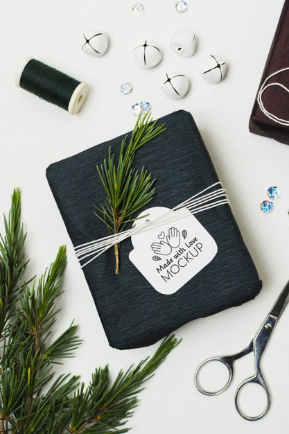 Top View Of Present With Scissors And Plant Psd