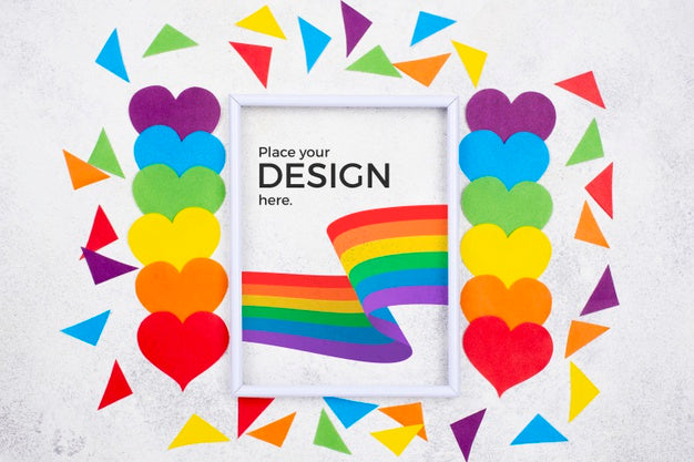 Top View Of Rainbow Colored Hearts With Flag And Paper Shapes Psd